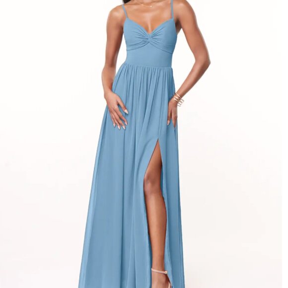 Azazie Steel Blue A-Line V-Neck Pleated Chiffon Dress - Size 4 Bridesmaid Dress - Picture 1 of 9